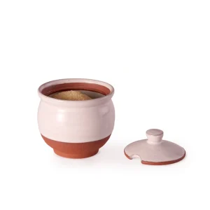 Perfect Hideaways: A Country Sugar Bowl with a terracotta base and soft white glaze, filled with brown sugar and displayed with its matching lid set aside. Perfect Hideaways shop.