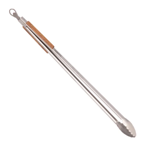 Perfect Hideaways: Donkey Long Tong. Stainless steel braai tongs with wooden grips and a scalloped head, designed for easy turning over hot coals. Perfect Hideaways shop