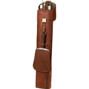 Perfect Hideaways: Full Jack Sack. A beautifully handcrafted brown leather tool carrier with visible metal tools, a wooden-handled accessory, and detailed stitching, designed for durability and style in outdoor settings. Perfect Hideaways shop