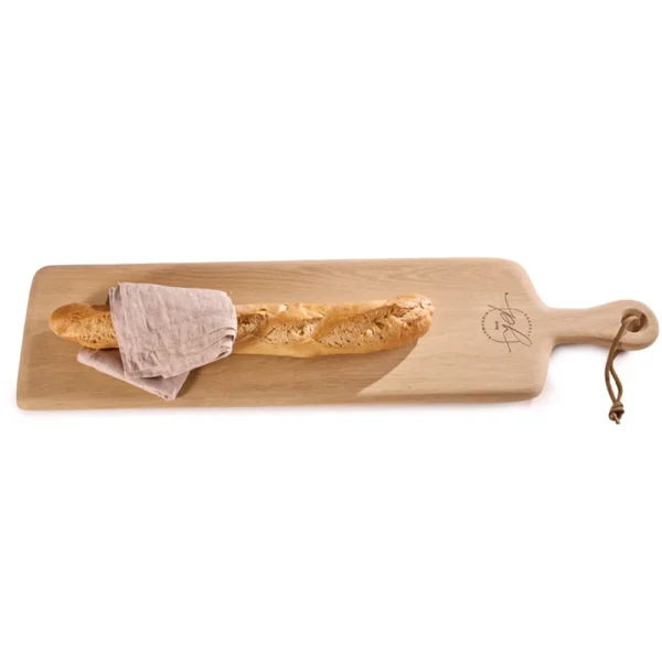 Perfect Hideaways: A rustic Oak Narrow Paddle board elegantly presenting a fresh baguette wrapped in a linen napkin, ideal for stylish serving or kitchen display. Perfect Hideaways shop