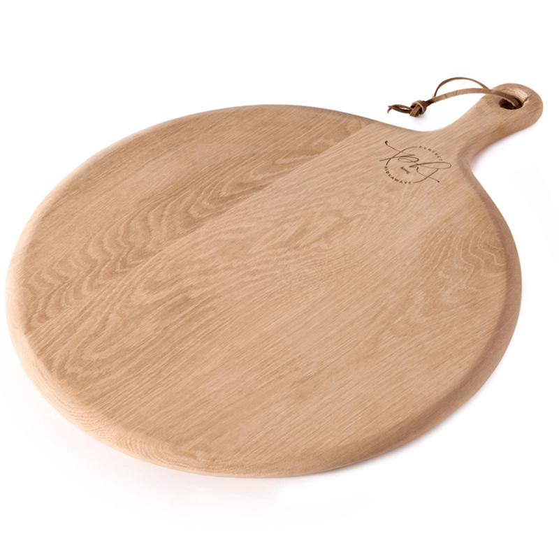 Perfect Hideaways: A handcrafted round oak pizza paddle with a smooth finish and leather tie for hanging, elegantly engraved with the Perfect Hideaways logo. Perfect Hideaways shop