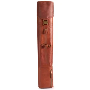 Perfect Hideaways: The Jack Sack. A full view of a handcrafted tan leather yoga mat bag with brass buckle detail and compact zip pocket, designed for stylish on-the-go storage. Perfect Hideaways shop