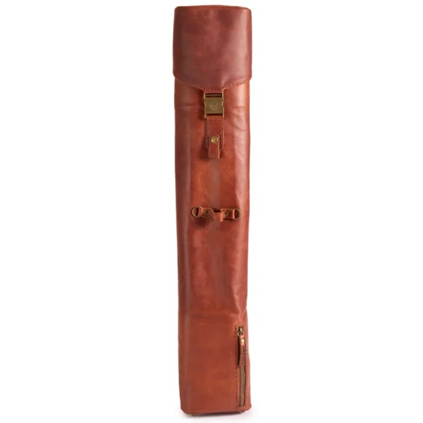 Perfect Hideaways: The Jack Sack. A full view of a handcrafted tan leather yoga mat bag with brass buckle detail and compact zip pocket, designed for stylish on-the-go storage. Perfect Hideaways shop
