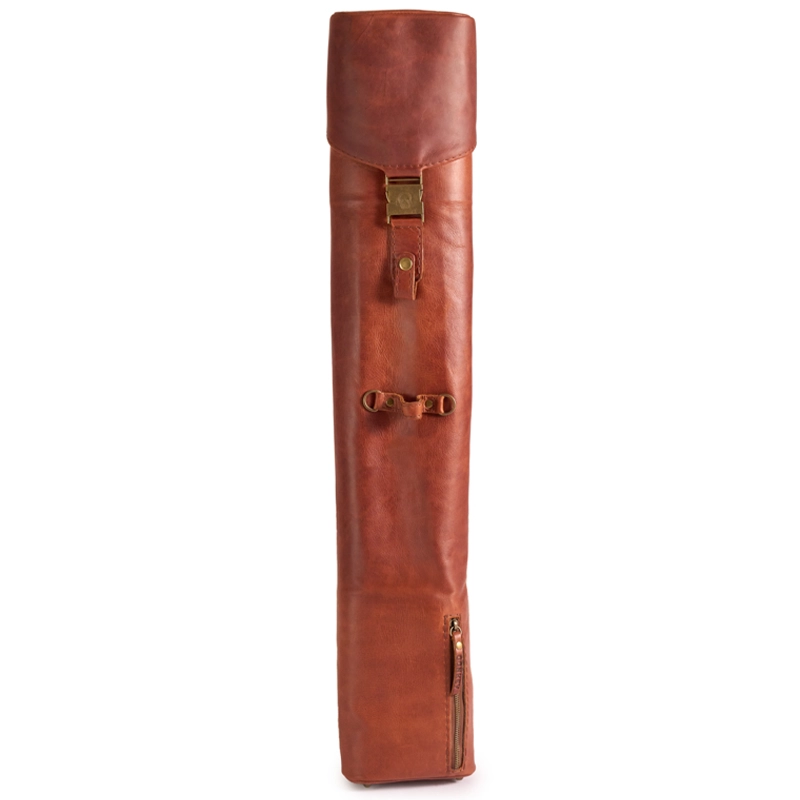 Perfect Hideaways: The Jack Sack. A full view of a handcrafted tan leather yoga mat bag with brass buckle detail and compact zip pocket, designed for stylish on-the-go storage. Perfect Hideaways shop