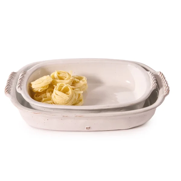 Perfect Hideaways: A pair of handcrafted white classic lasagne dishes, one nested inside the other and garnished with nests of dried pasta for styling, Perfect Hideaways shop