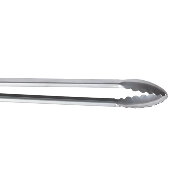 Perfect Hideaways: Donkey Long Tong. Close-up of the scalloped stainless steel tong tips, ideal for securely gripping and lifting food from the fire. Perfect Hideaways shop
