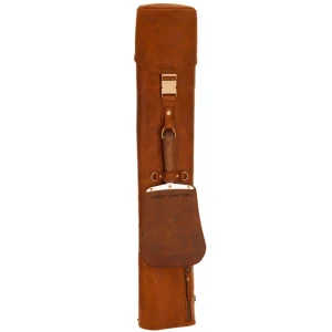 Perfect Hideaways: Full Jack Sack. A sleek and elegant full leather tool holder in rich tan brown, featuring a flap marked “DONKEY LONG TONG” and brass detailing, ideal for sophisticated braai enthusiasts. Perfect Hideaways shop