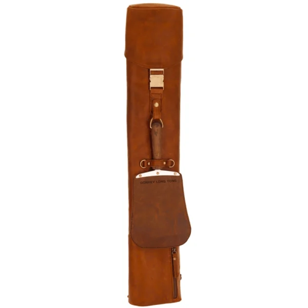 Perfect Hideaways: Full Jack Sack. A sleek and elegant full leather tool holder in rich tan brown, featuring a flap marked “DONKEY LONG TONG” and brass detailing, ideal for sophisticated braai enthusiasts. Perfect Hideaways shop