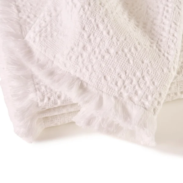 Perfect Hideaways: A close-up of a soft white waffle-patterned bathmat, featuring delicate fringe details and intricate texture. Perfect Hideaways shop