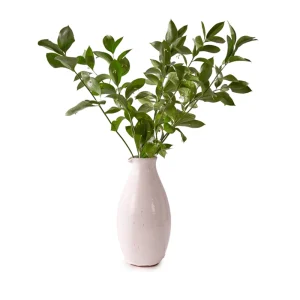 Perfect Hideaways: The same rounded ceramic Classic Round Jug used as a vase, elegantly filled with fresh green leafy branches. The shop