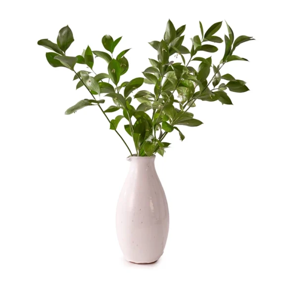 Perfect Hideaways: The same rounded ceramic Classic Round Jug used as a vase, elegantly filled with fresh green leafy branches. The shop