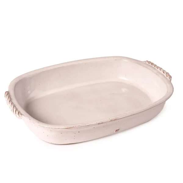 Perfect Hideaways: A large white classic lasagne dish with rope-detailed side handles, set against a white background, Perfect Hideaways shop