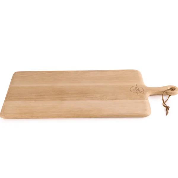 Perfect Hideaways: A large, Oak Rectangular Paddle serving board with rounded edges, a handle, and a leather hanging loop, ideal for serving or kitchen décor. Perfect Hideaways shop