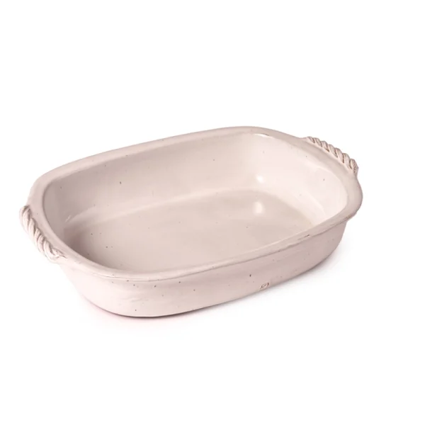 Perfect Hideaways: A medium-sized white classic lasagne dish featuring a smooth glaze and rustic rope-style handles, Perfect Hideaways shop