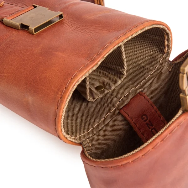 Perfect Hideaways: The Jack Sack. Interior view of the yoga mat bag, showing durable canvas lining and internal pocket stitched with fine leather detailing. Perfect Hideaways shop