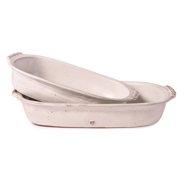 Perfect Hideaways: Two stacked white classic lasagne dishes with textured handles, presented at an angle to showcase depth and design, Perfect Hideaways shop