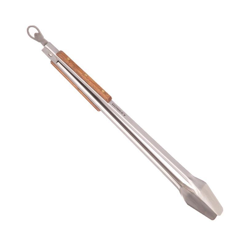 Perfect Hideaways: Long-handled Donkey Braai Tong stainless steel braai tongs with wooden grips and built-in bottle opener, designed for outdoor grilling. Perfect Hideaways shop