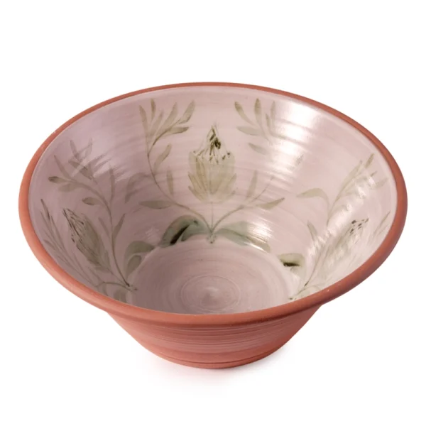 Perfect Hideaways: A handcrafted Hand-painted Country Lebrillo bowl with a wide rim, featuring a pale glaze interior delicately painted with soft green protea motifs and leafy branches. Perfect Hideaways shop.