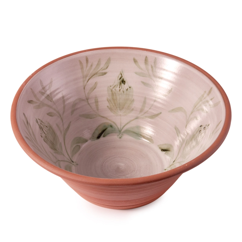 Perfect Hideaways: A handcrafted Hand-painted Country Lebrillo bowl with a wide rim, featuring a pale glaze interior delicately painted with soft green protea motifs and leafy branches. Perfect Hideaways shop.