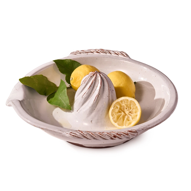 Perfect Hideaways: White ceramic citrus squeezer with a rustic finish, shown in use with lemons and fresh green leaves for a bright, natural look. Perfect Hideaways shop