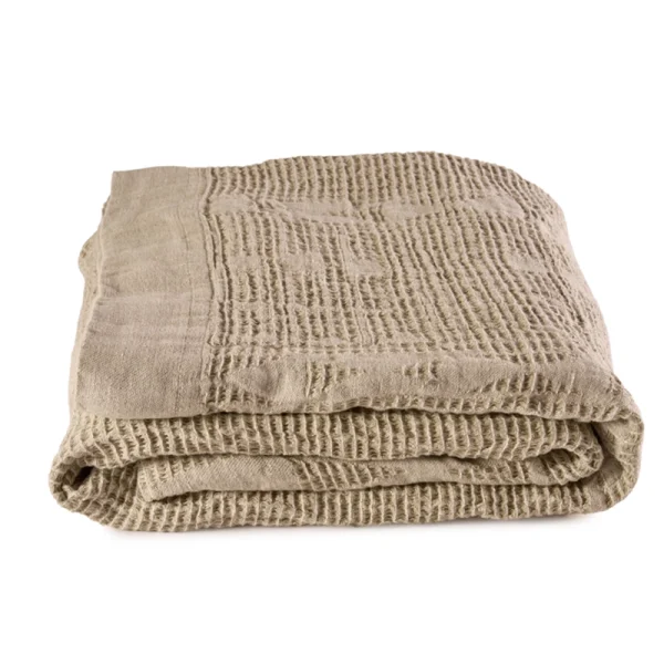 Perfect Hideaways: A neatly folded natural Bogolan bed throw with visible waffle texture and thick, artisanal edges, highlighting its handcrafted detail. Perfect Hideaways shop