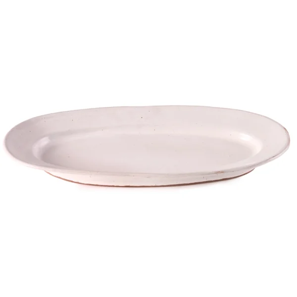 Perfect Hideaways: Overhead view of an oval-shaped Classic Fish Platter with a smooth white glaze and organic finish. Perfect Hideaways shop
