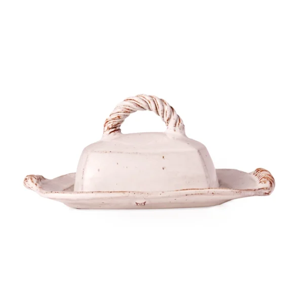 Perfect Hideaways: Front-facing view of a rustic ceramic butter dish with a gently speckled finish, twisted rope-style handle and side accents – Perfect Hideaways shop
