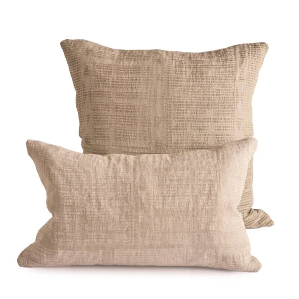 Perfect Hideaways: Pair of Bogolan Continental Cushion Covers, one square and one rectangular, in matching neutral textured fabric, layered together for a tonal display. Perfect Hideaways shop