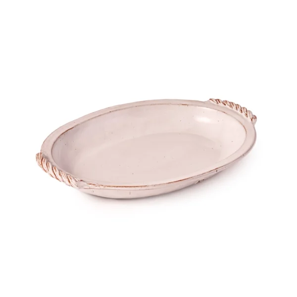 Perfect Hideaways: A medium-sized oval classic baking dish with twisted rope-style handles and a soft white glaze. The shop