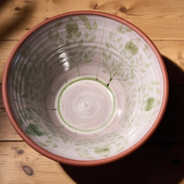 Perfect Hideaways: A wide handcrafted terracotta bowl photographed in warm natural light, adorned with a soft green protea and leafy vine design flowing around its interior. Perfect Hideaways shop.