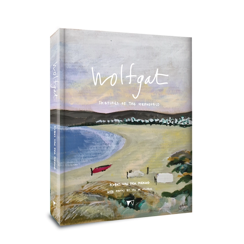 Perfect Hideaways Wolfgat cookbook cover featuring a painted Strandveld coastal landscape with ocean, shoreline, and muted pastel skies Perfecthideawaysshop