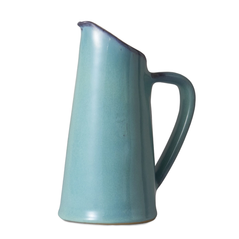 Perfect Hideaways turquoise large ceramic jug with a tall, tapered design and a wide handle, featuring a smooth glossy finish and subtle gradient shading towards the rim. Perfect hideaways shop.