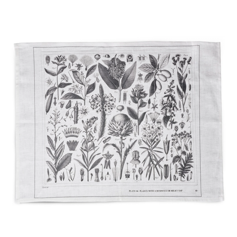 Perfect Hideaways monochrome linen tea towel featuring detailed vintage botanical illustrations of various flowers and plants, arranged in a classic scientific plate style. Perfect hideaways shop.