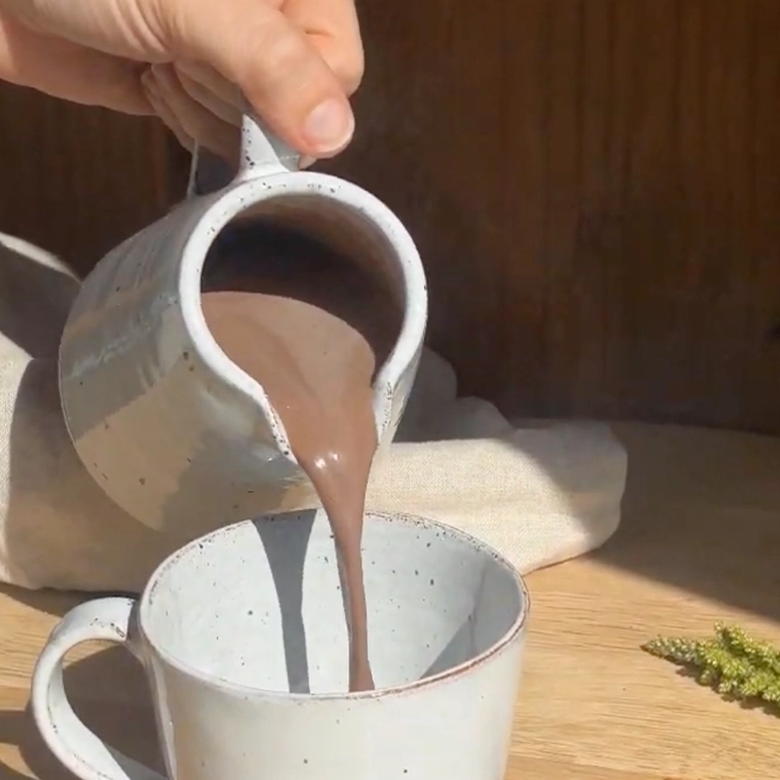 Perfect Hideaways handcrafted ceramic milk jug pouring hot chocolate into matching speckled mug Perfecthideawaysshop